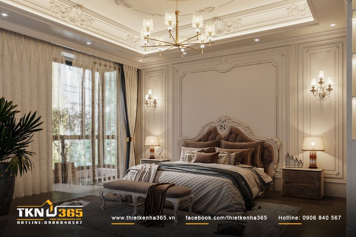 Phòng ngủ biệt thự theo phong cách Tân cổ điển vừa sang trọng vừa ấm cúng