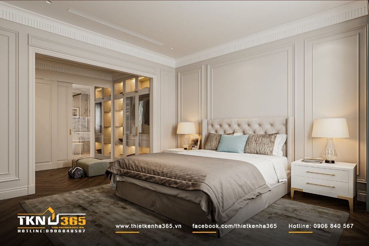 Thiết kế phòng ngủ là sự kết hợp hài hòa giữa các tông màu trắng và xám hiện đại