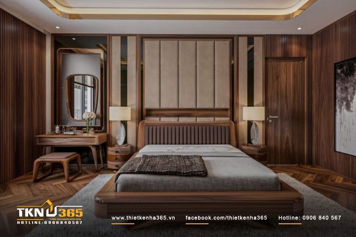 Không gian phòng ngủ sang trọng được làm hoàn toàn từ gỗ óc chó tự nhiên