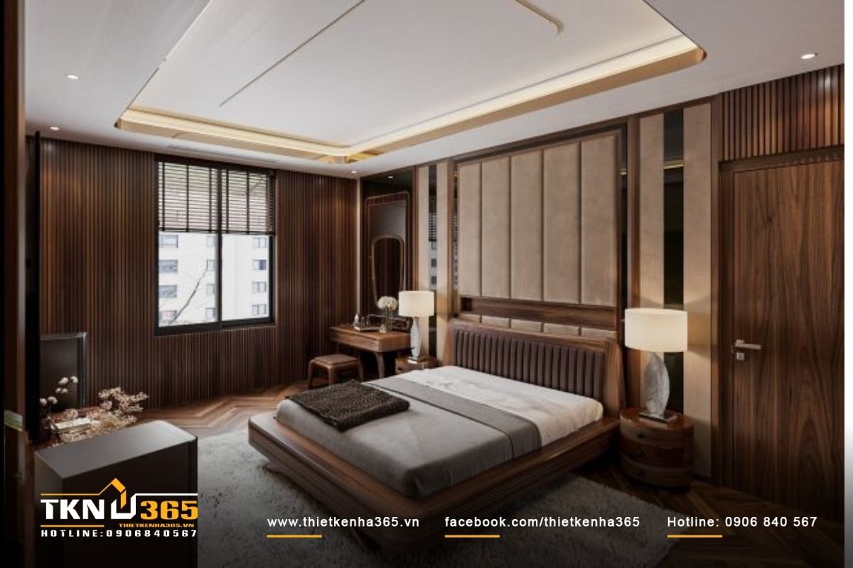 Gỗ óc chó kết hợp với da bọc đầu giường, tạo nên vẻ đẹp thời thượng và sang trọng, thể hiện sự giàu có của gia chủ