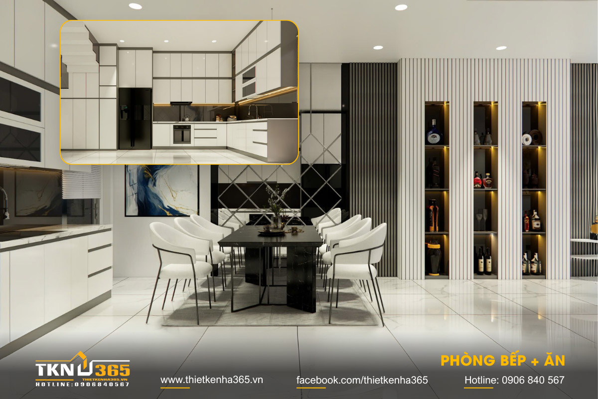 Hệ bếp chữ L với tủ rượu âm tường