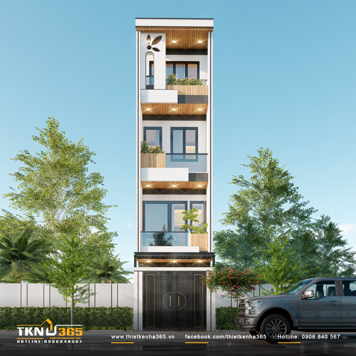 Thiết kế nhà phố 1 trệt 2 lầu 1 sân thượng 4 tầng