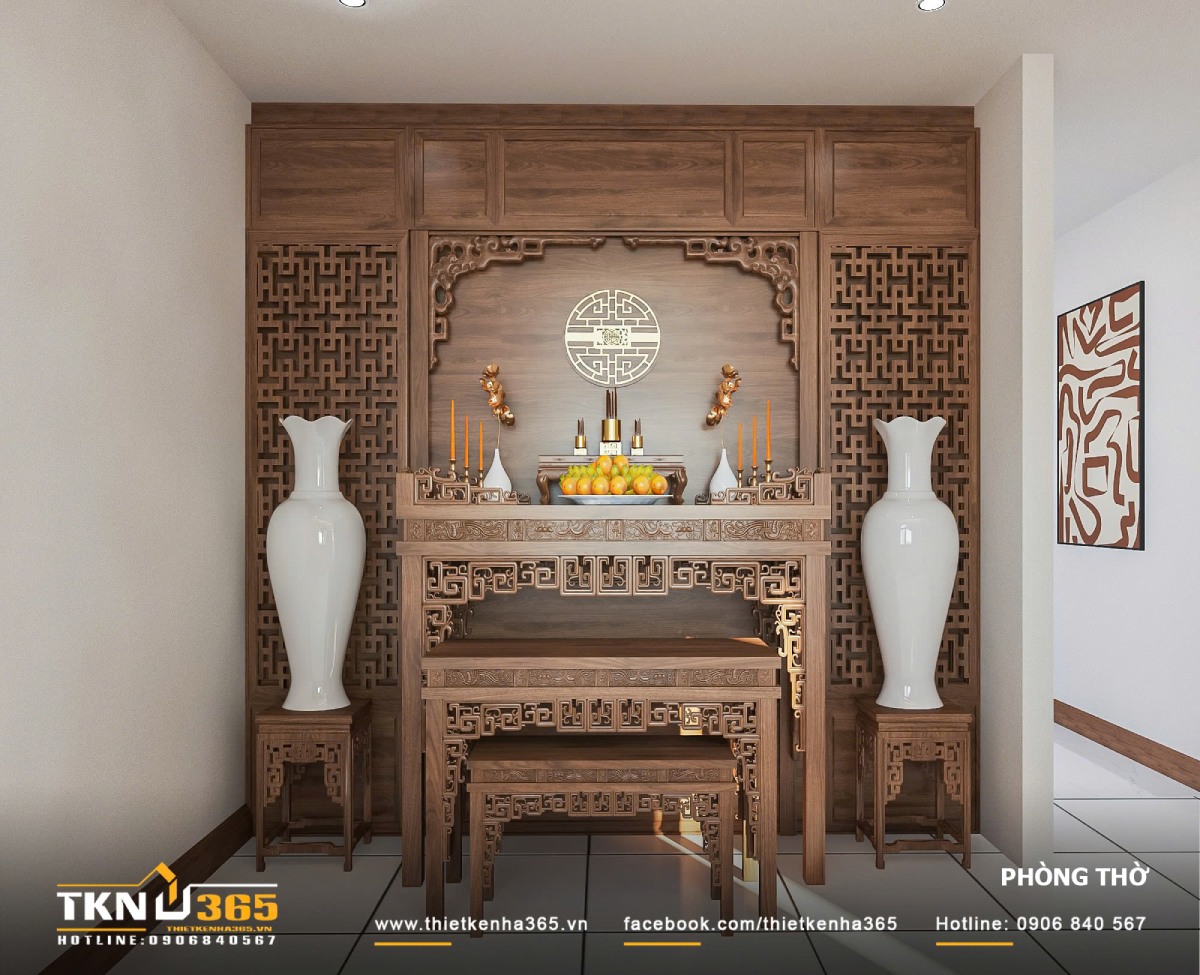 Phòng thờ thuộc hành Hỏa sử dụng tông màu trắng thuộc hành Kim cùng chất liệu gạch, gốm, sứ của hành Thổ để ngăn việc Hỏa quá vượng khi gia chủ cũng mang hành Hỏa.