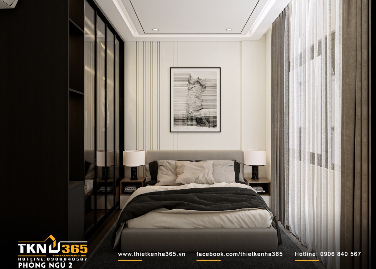 Phòng ngủ lấy tông trắng và ghi của hành Kim làm chủ đạo, kết hợp cùng gam đen của hành Thủy giúp chuyển hóa năng lượng nhẹ nhàng và tạo trường khí hài hòa cho người mệnh Thủy, giữ cảm giác sáng sủa, thoáng đãng cho không gian.