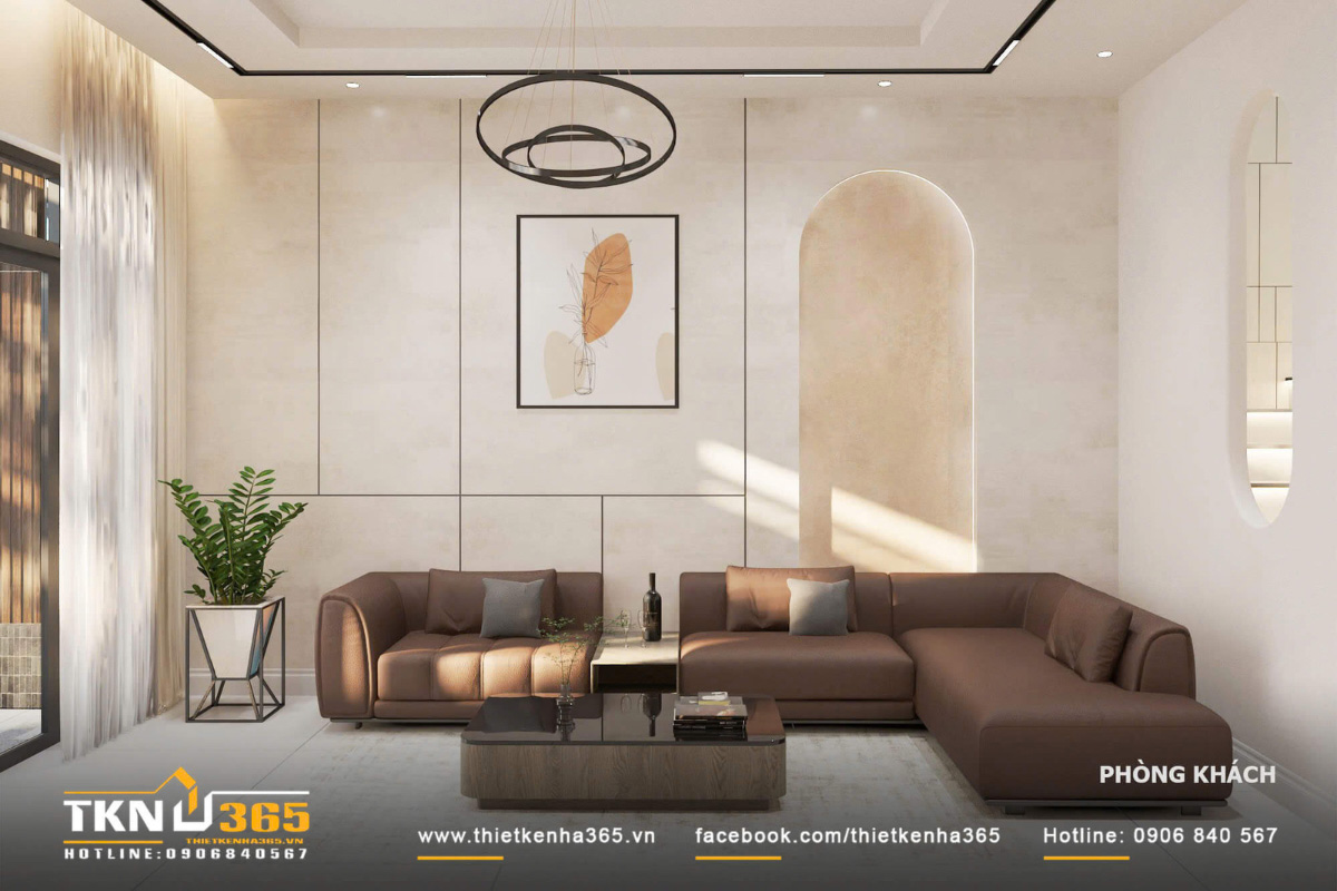 Phòng khách nổi bật với tông nâu, be không chỉ tương hợp với gia chủ mệnh Thổ, mà gam màu trung tính này còn mang lại cảm giác nhẹ nhàng, thư thái cho không gian sống