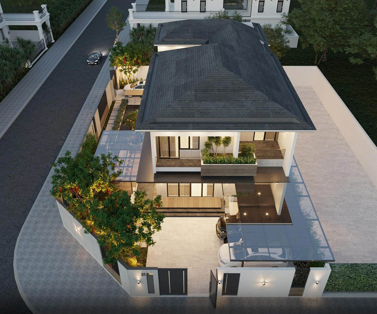 Biệt thự hiện đại 2 tầng 2 mặt tiền g&acirc;y ấn tượng với h&igrave;nh khối vu&ocirc;ng vắn, kh&ocirc;ng gian mở v&agrave; sự c&acirc;n đối h&agrave;i h&ograve;a.