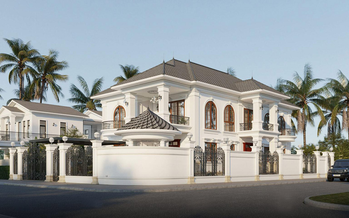 Mẫu biệt thự t&acirc;n cổ điển 2 mặt tiền mang vẻ đẹp sang trọng, tinh tế với kiến tr&uacute;c đối xứng, m&aacute;i ng&oacute;i dốc v&agrave; hệ cột trụ vững ch&atilde;i. 