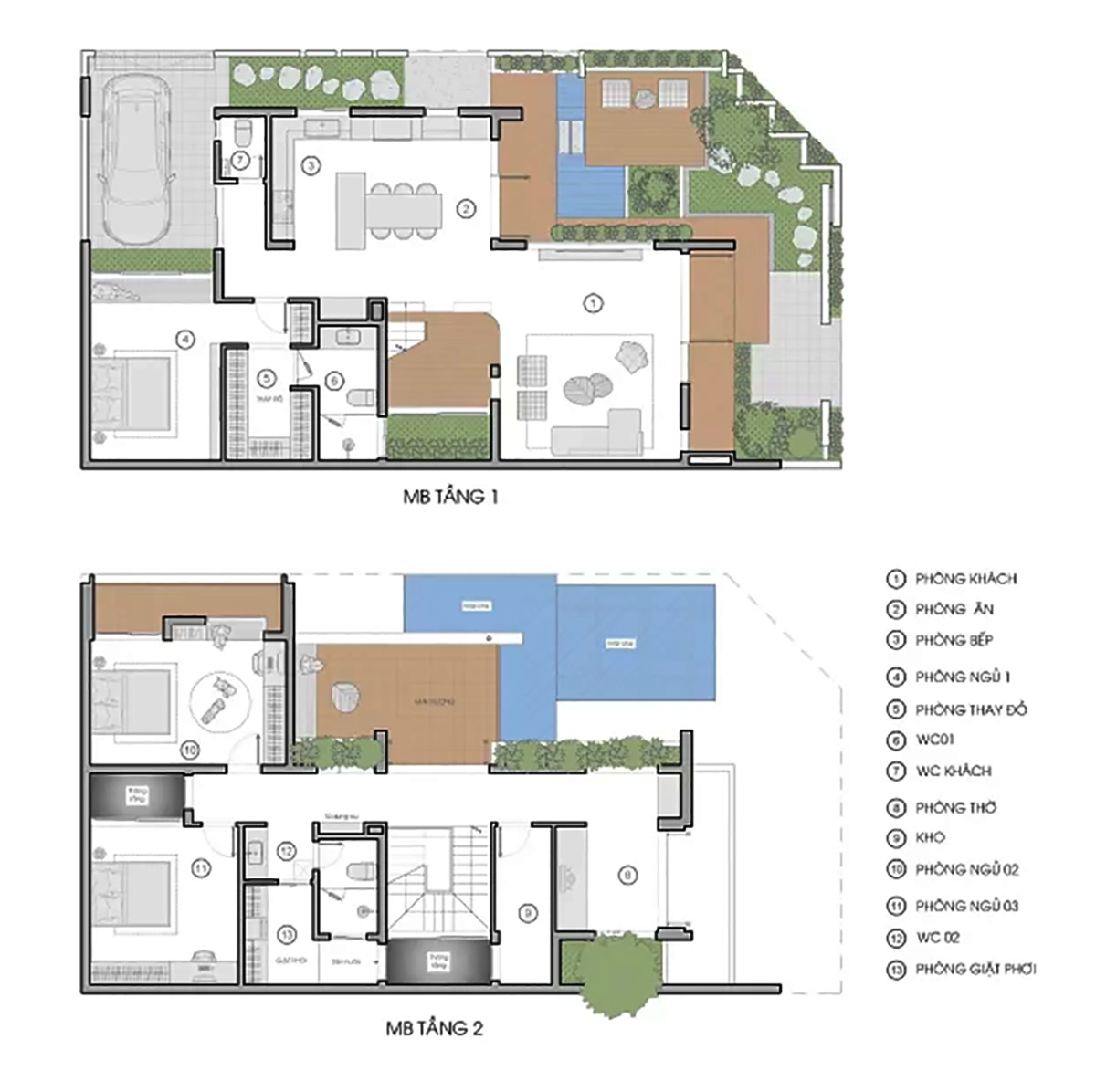 Bản vẽ mẫu biệt thự 2 mặt tiền m&aacute;i ng&oacute;i tầng 1 & 2