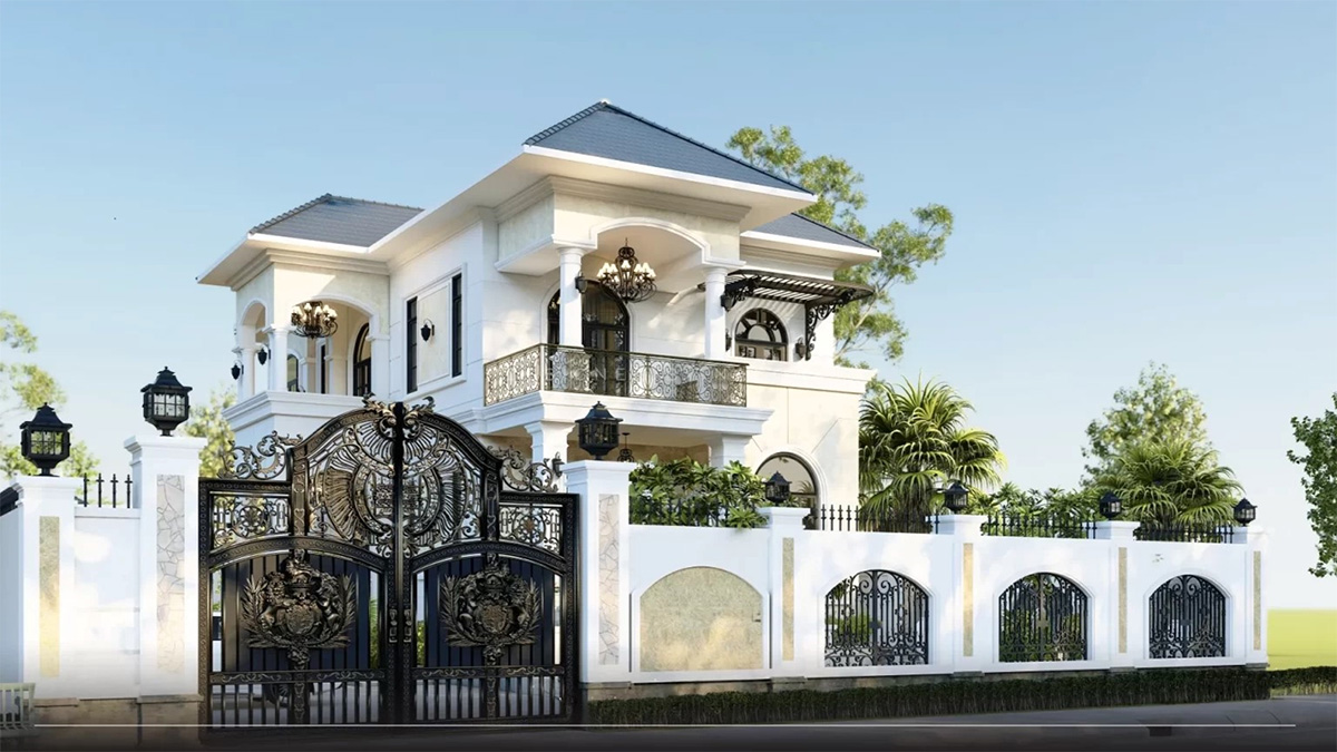 Mẫu biệt thự 2 tầng 2 mặt tiền m&aacute;i Nhật g&acirc;y ấn tượng với phong c&aacute;ch sang trọng, bề thế.