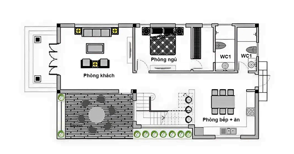 Bản vẽ c&ocirc;ng năng mẫu biệt thự 2 tỷ m&aacute;i th&aacute;i