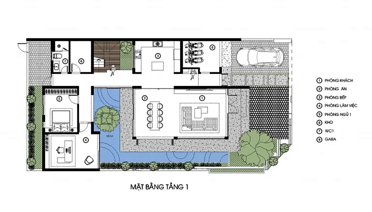 Bản vẽ mẫu biệt thự 3 tầng 2 mặt tiền phong c&aacute;ch Tropical tầng 1