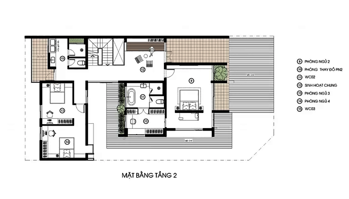 Bản vẽ mẫu biệt thự 3 tầng 2 mặt tiền phong c&aacute;ch Tropical tầng 2