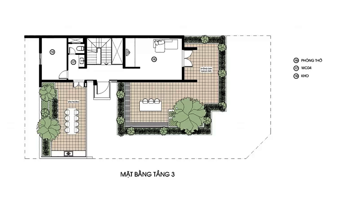 Bản vẽ mẫu biệt thự 3 tầng 2 mặt tiền phong c&aacute;ch Tropical tầng 3