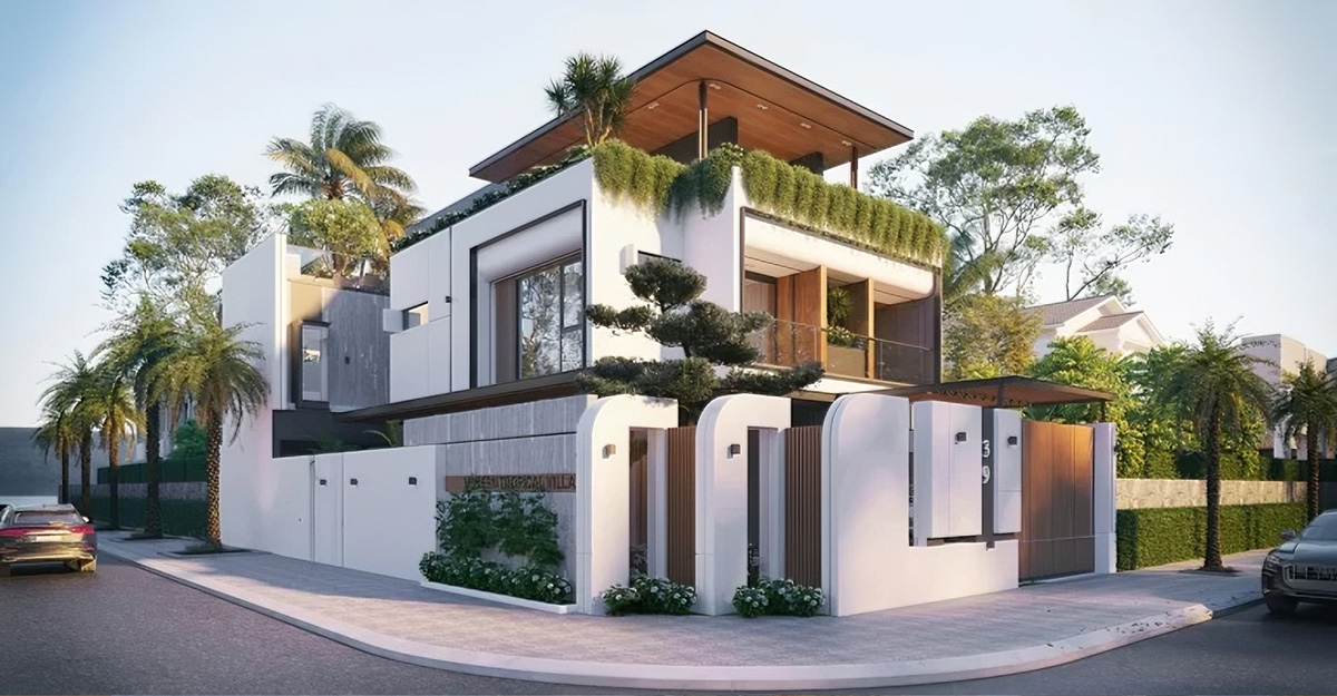Mẫu biệt thự 3 tầng 2 mặt tiền Tropical mang vẻ đẹp hiện đại kết hợp n&eacute;t ph&oacute;ng kho&aacute;ng nhiệt đới.