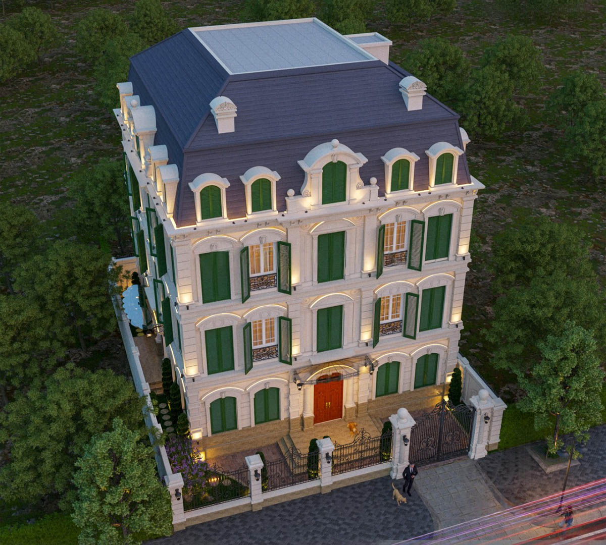 Kiến trúc tân cổ điển Pháp với hình khối đăng đối, phào chỉ thanh thoát, lan can hoa sắt nghệ thuật.