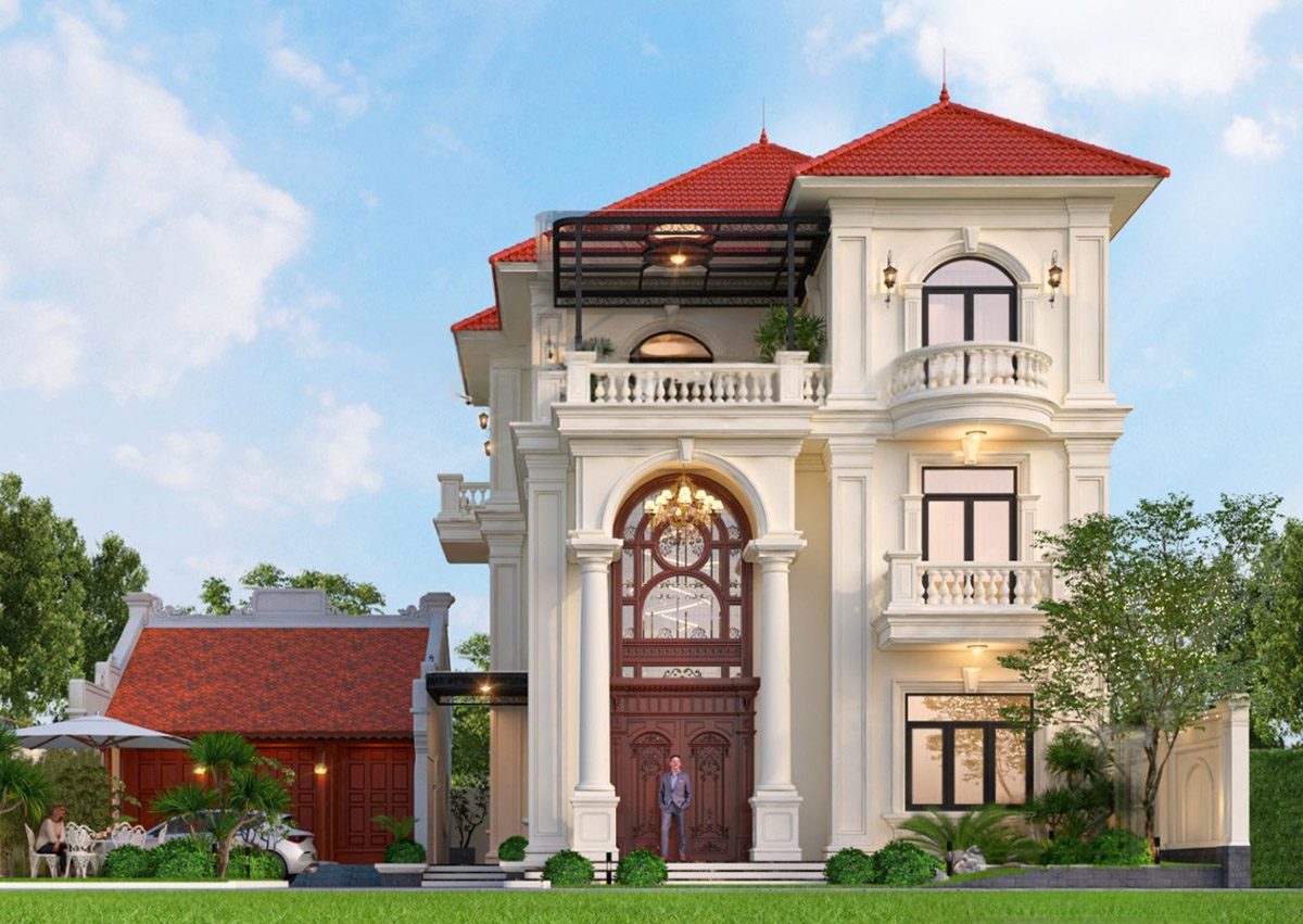 Biệt thự 3 tầng tân cổ điển mái Nhật thu hút bởi cách thiết kế hài hòa giữa vẻ sang trọng và tiện nghi.