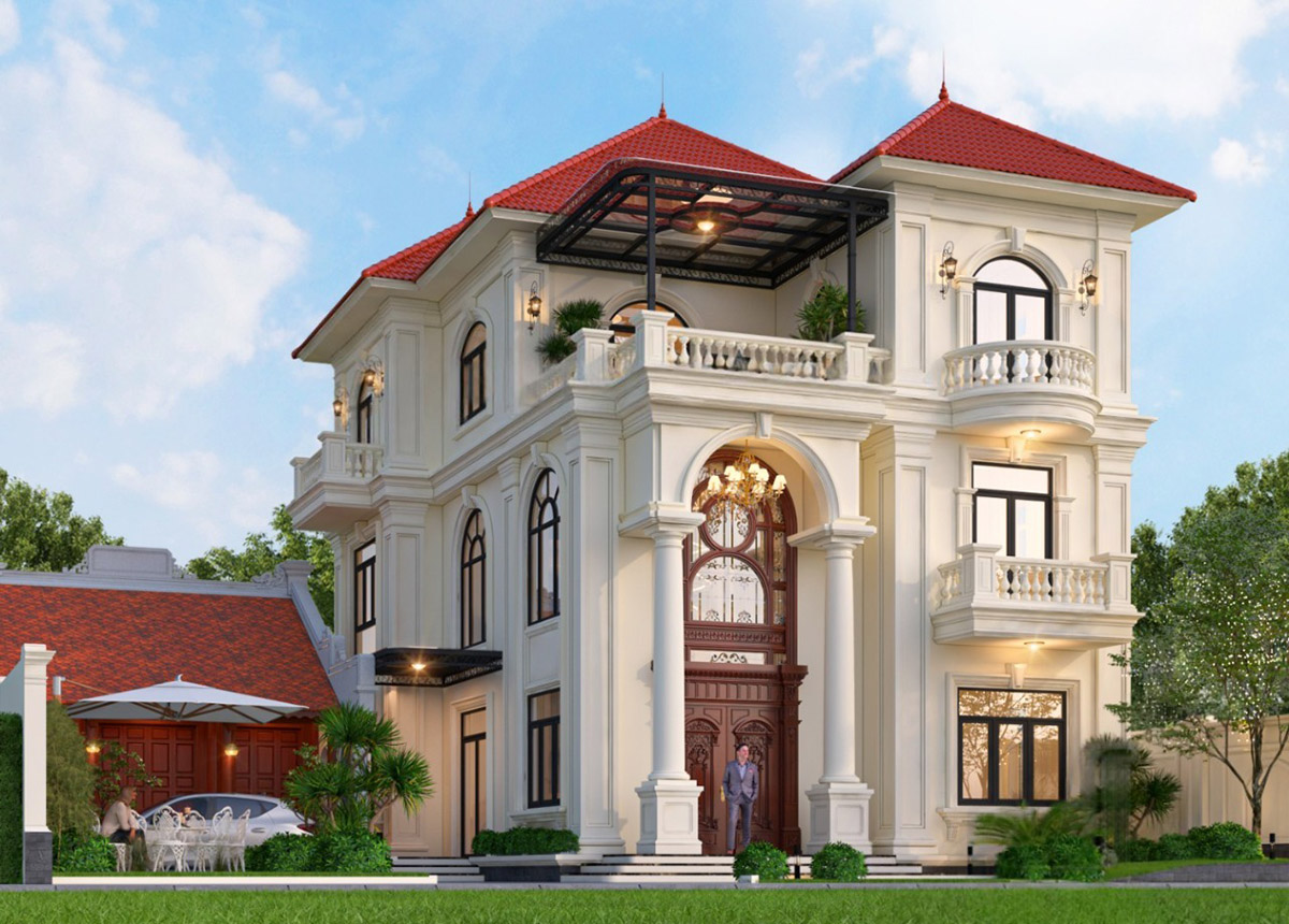 Hệ mái Nhật đỏ nổi bật, kết hợp cùng cột trụ kiên cố, vòm cong mềm mại và ban công bán nguyệt mang lại sức hút thị giác mạnh.