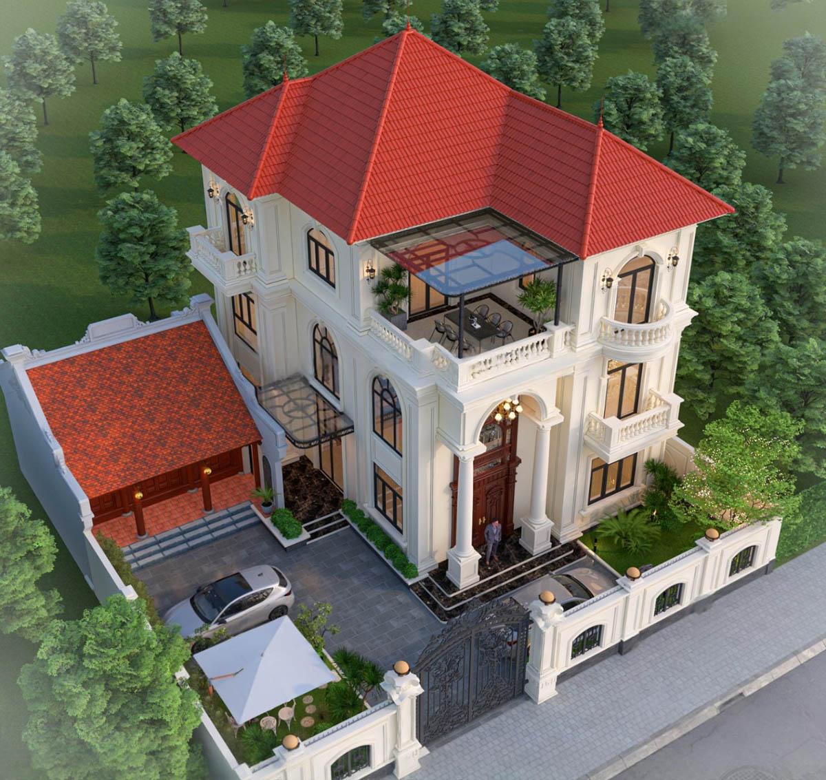 Tông màu trắng-kem chủ đạo làm nổi bật mái đỏ và các chi tiết trang trí, giúp tổng thể vừa trang nhã vừa đậm nét phong cách cổ điển.