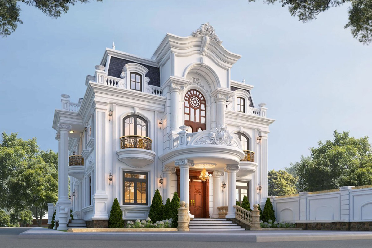 Mặt tiền đăng đối với ba khối dọc: khối chính ở giữa gắn liền đại sảnh và hệ cột Doric tròn mềm mại, hai khối phụ đối xứng hai bên tạo tổng thể cân xứng.