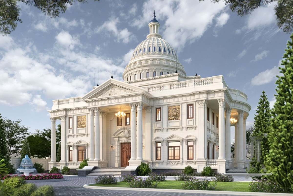 Mẫu biệt thự 2 tầng kiểu Pháp mang phong cách lâu đài châu Âu với quy mô đồ sộ và kiến trúc đối xứng chuẩn mực.