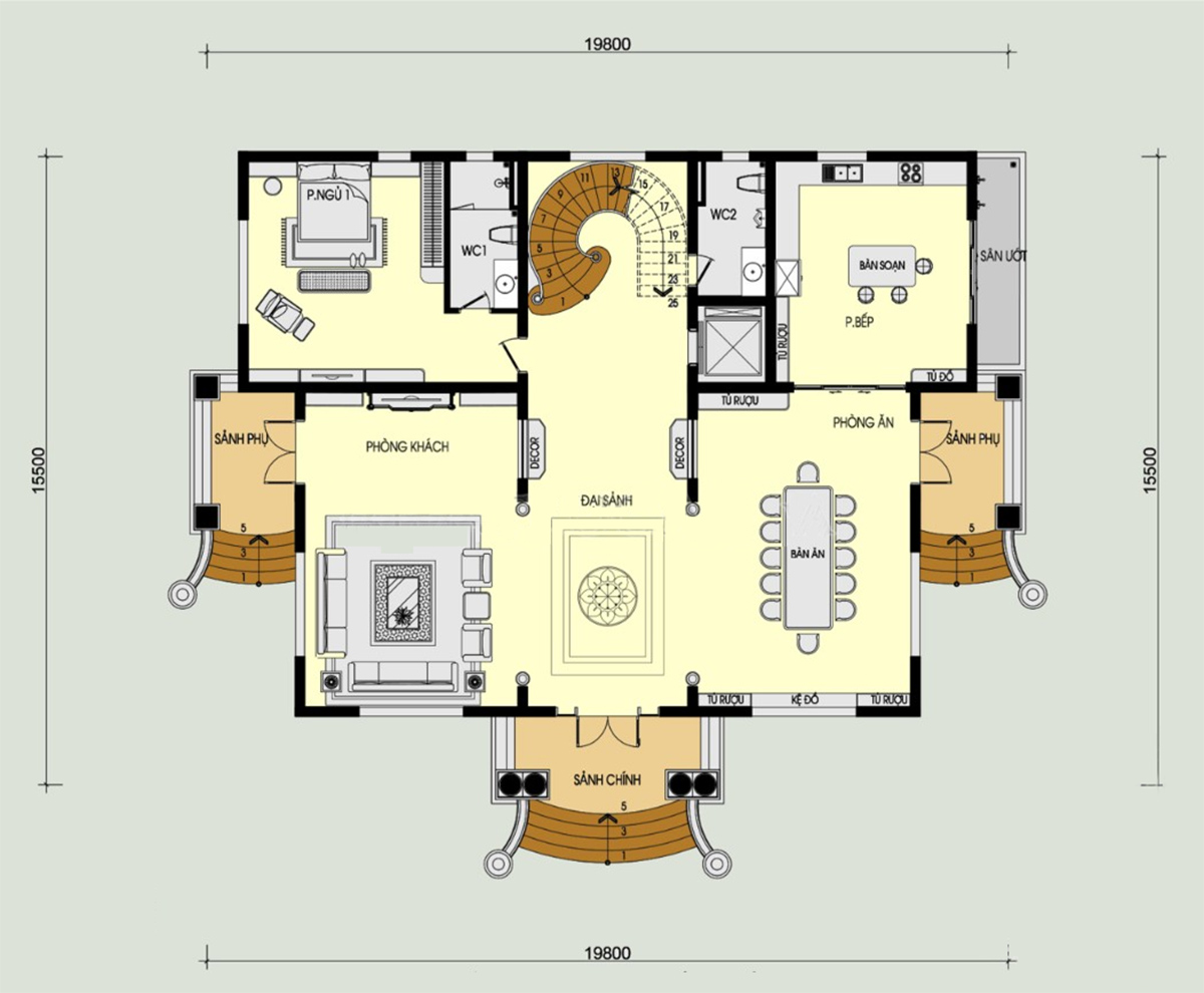 Bản vẽ mặt bằng công năng biệt thự tân cổ điển 3 tầng mái Mansard. (Ảnh: sưu tầm)