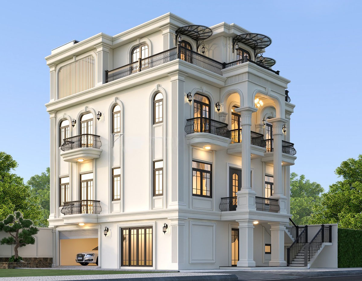 Khối kiến trúc vuông vắn, cân đối, kết hợp với phào chỉ nhẹ nhàng, hệ cột trụ vững chắc và ban công mềm mại tạo nên một công trình vừa bề thế vừa thanh lịch.