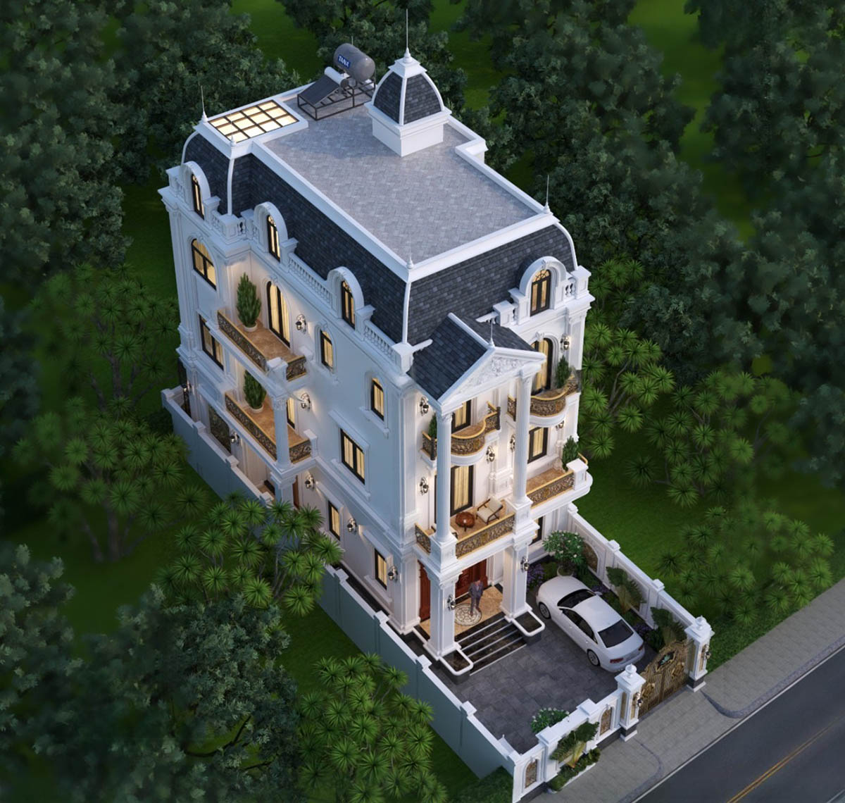 Tông trắng chủ đạo kết hợp chi tiết mạ vàng/đen, mang lại vẻ đẹp quý phái, sang trọng.