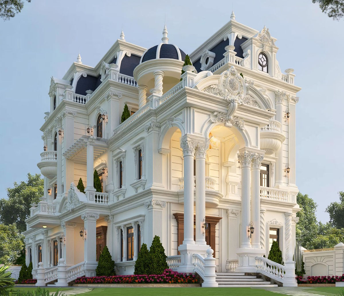Biệt thự tân cổ điển kiểu Pháp 3 tầng thể hiện sự kết hợp hoàn mỹ giữa tinh hoa kiến trúc cổ điển châu Âu và công năng sống hiện đại.