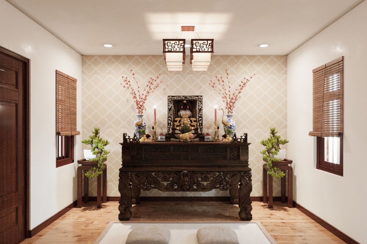Đặt bàn thờ đối diện cửa chính làm mất đi bầu không khí trang nghiêm vốn có của không gian thờ cúng (Ảnh: Sưu tầm)