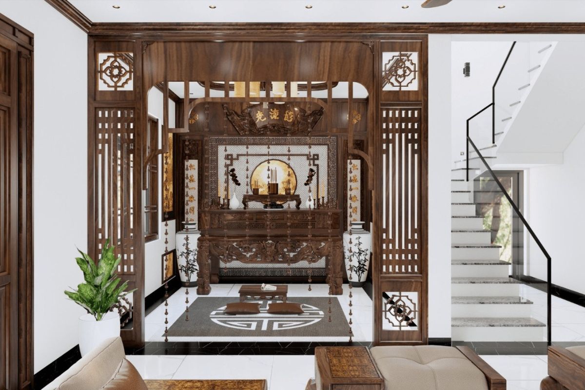 Vách ngăn kết hợp rèm gỗ giữ cho không gian phòng thờ trang nghiêm, tách biệt với các khu vực chức năng khác, đồng thời đảm bảo yếu tố phong thủy phòng thờ hài hòa. (Ảnh: Sưu tầm)