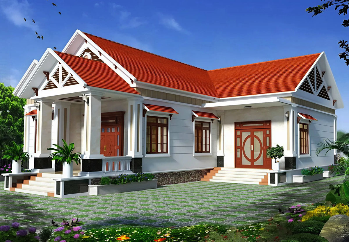 Mẫu biệt thự 1 tầng 3 phòng ngủ chữ L với lớp mái ngói cam Mẫu biệt thự 1 tầng 3 phòng ngủ chữ L với lớp mái ngói cam