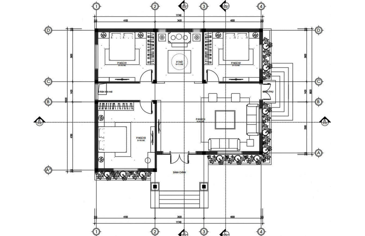 Bản vẽ chi tiết biệt thự 1 tầng 3 phòng ngủ tân cổ điển Bản vẽ chi tiết biệt thự 1 tầng 3 phòng ngủ tân cổ điển