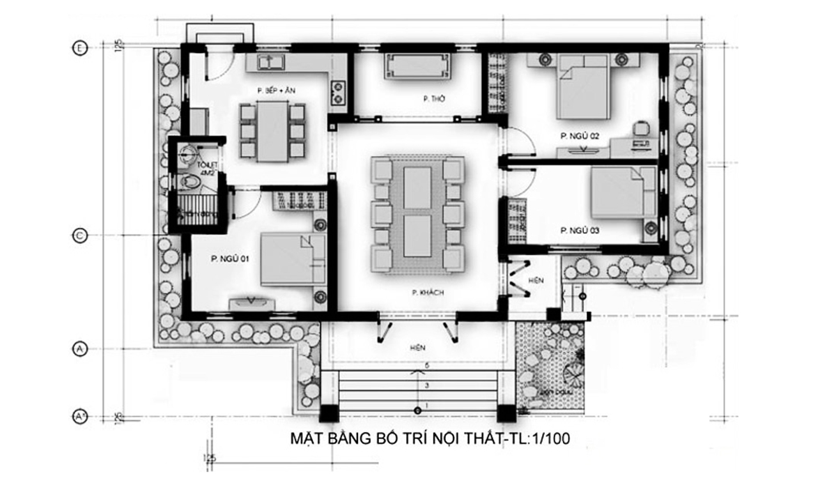 Bản vẽ chi tiết biệt thự 1 tầng 3 phòng ngủ châu âu Bản vẽ chi tiết biệt thự 1 tầng 3 phòng ngủ châu âu