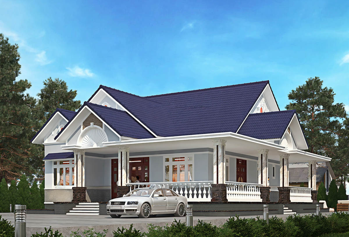 Mẫu biệt thự 1 tầng 3 phòng ngủ mái thái có mái tôn xanh Mẫu biệt thự 1 tầng 3 phòng ngủ mái thái có mái tôn xanh
