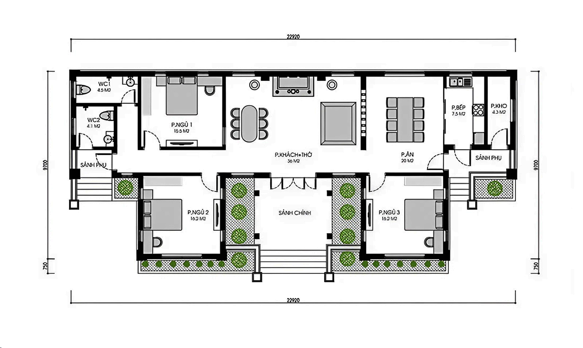 Bản vẽ chi tiết biệt thự 1 tầng 3 phòng ngủ kiểu chữ u Bản vẽ chi tiết biệt thự 1 tầng 3 phòng ngủ kiểu chữ u