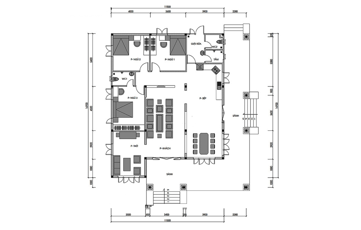 Bản vẽ chi tiết biệt thự 1 tầng 3 phòng ngủ mái thái Bản vẽ chi tiết biệt thự 1 tầng 3 phòng ngủ mái thái