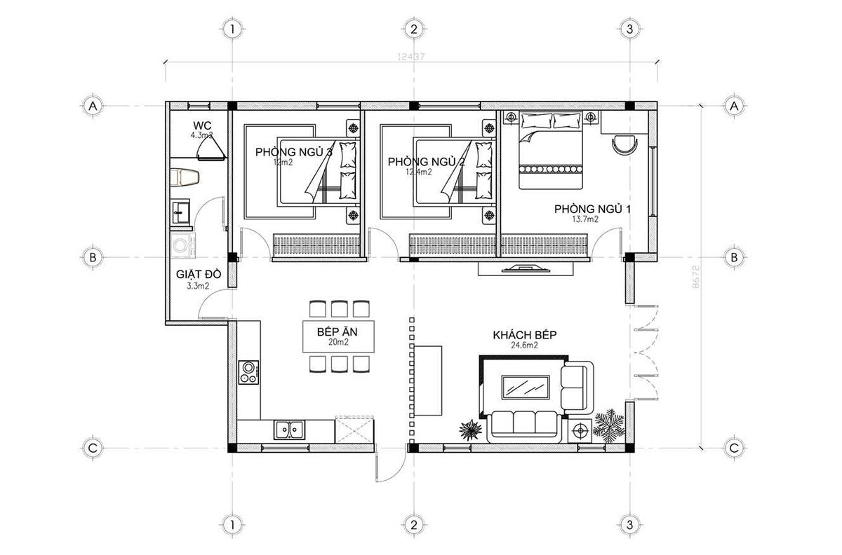 Bản vẽ chi tiết biệt thự 1 tầng 3 phòng ngủ mái bằng Bản vẽ chi tiết biệt thự 1 tầng 3 phòng ngủ mái bằng