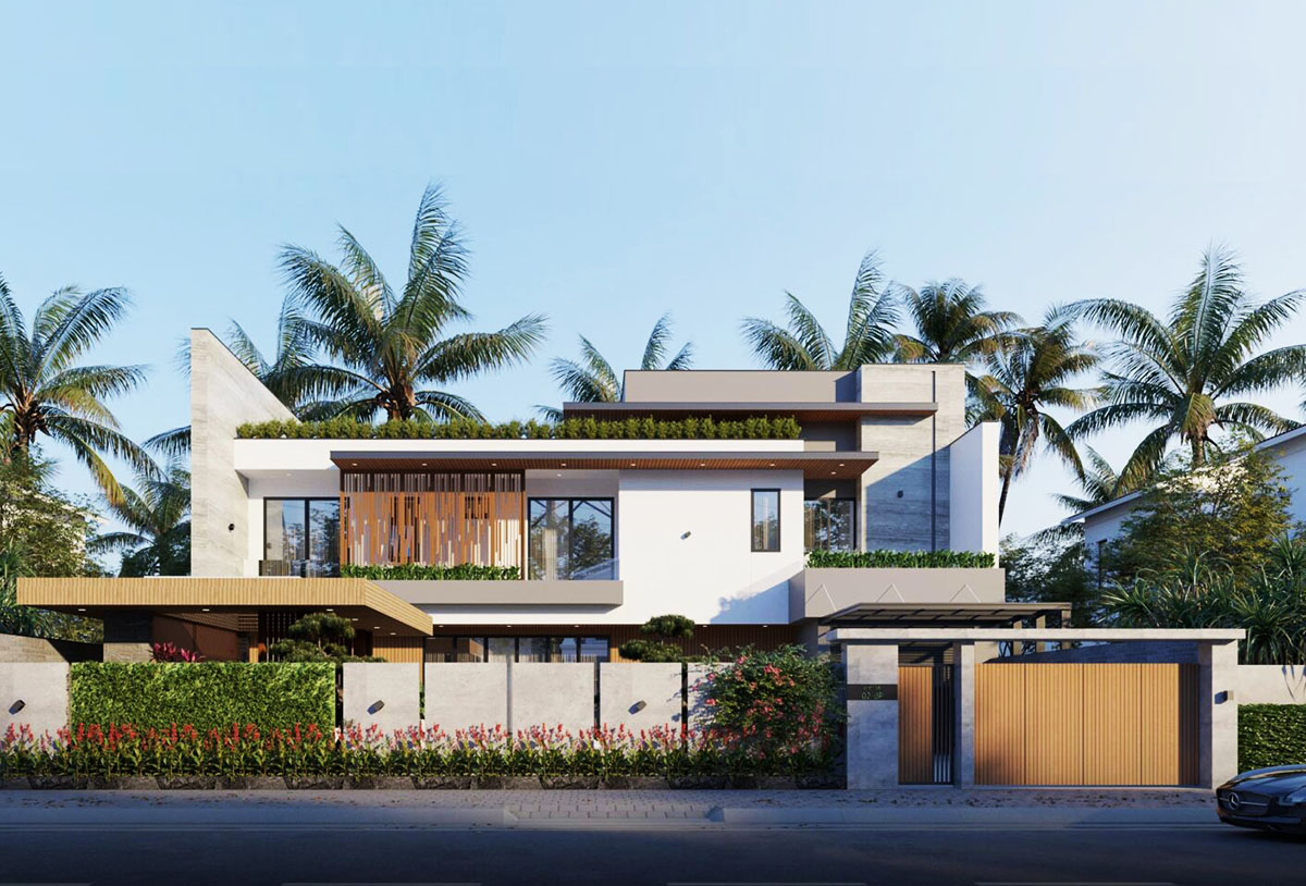 Mẫu biệt thự 2 tầng c&oacute; gara kết hợp vườn tạo sự xanh m&aacute;t