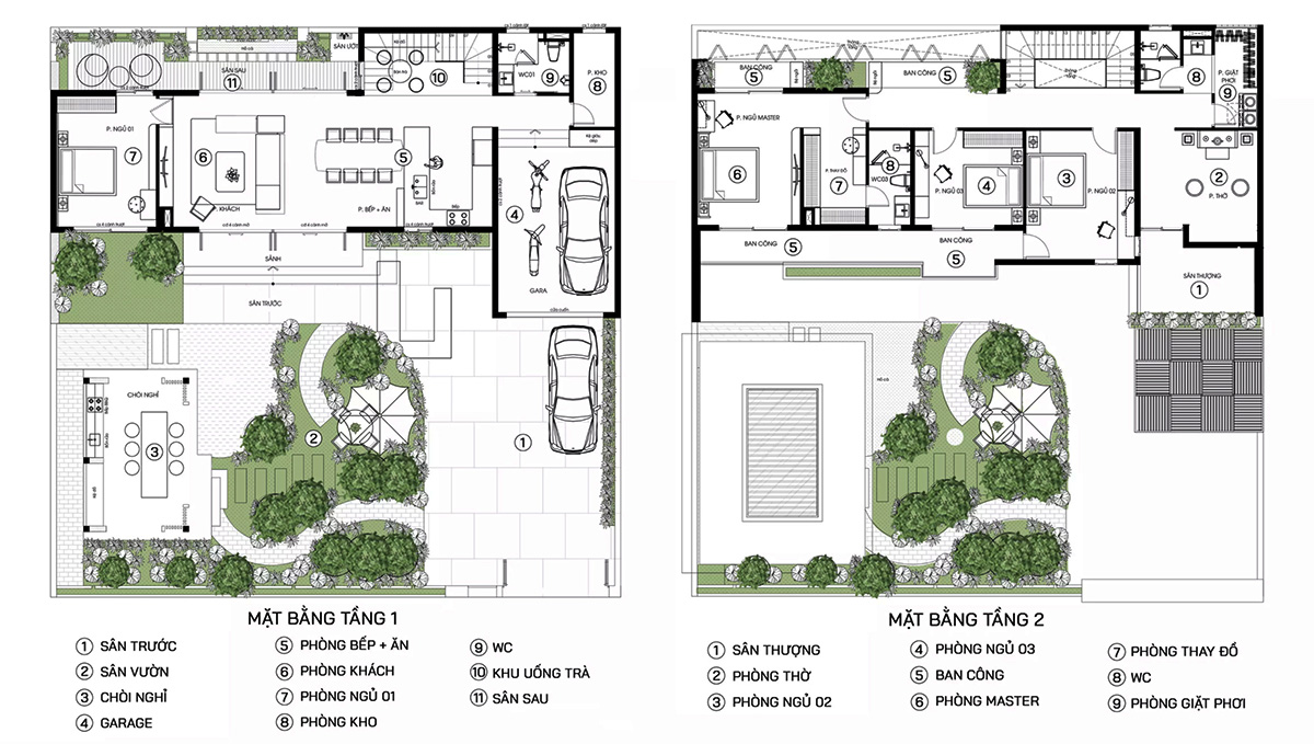 Bản vẽ biệt thự 2 tầng c&oacute; gara kết hợp vườn