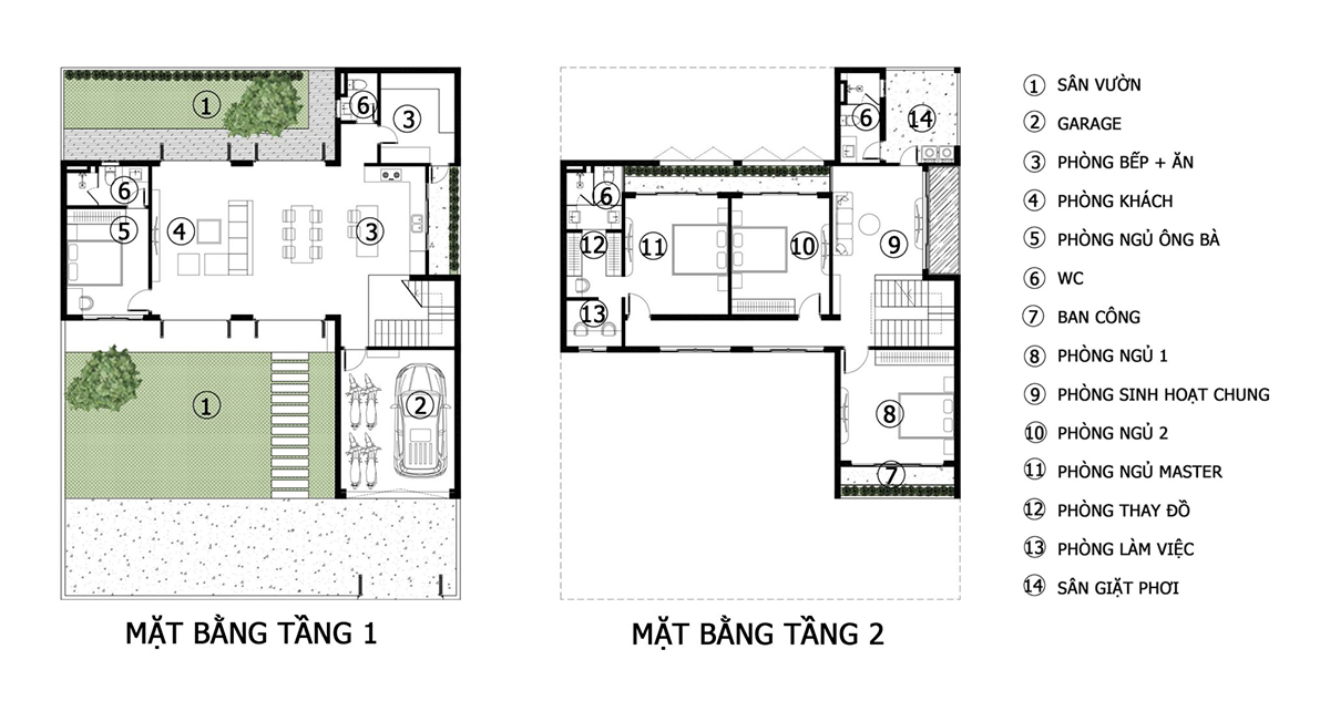Bản vẽ biệt thự 2 tầng c&oacute; gara chữ L