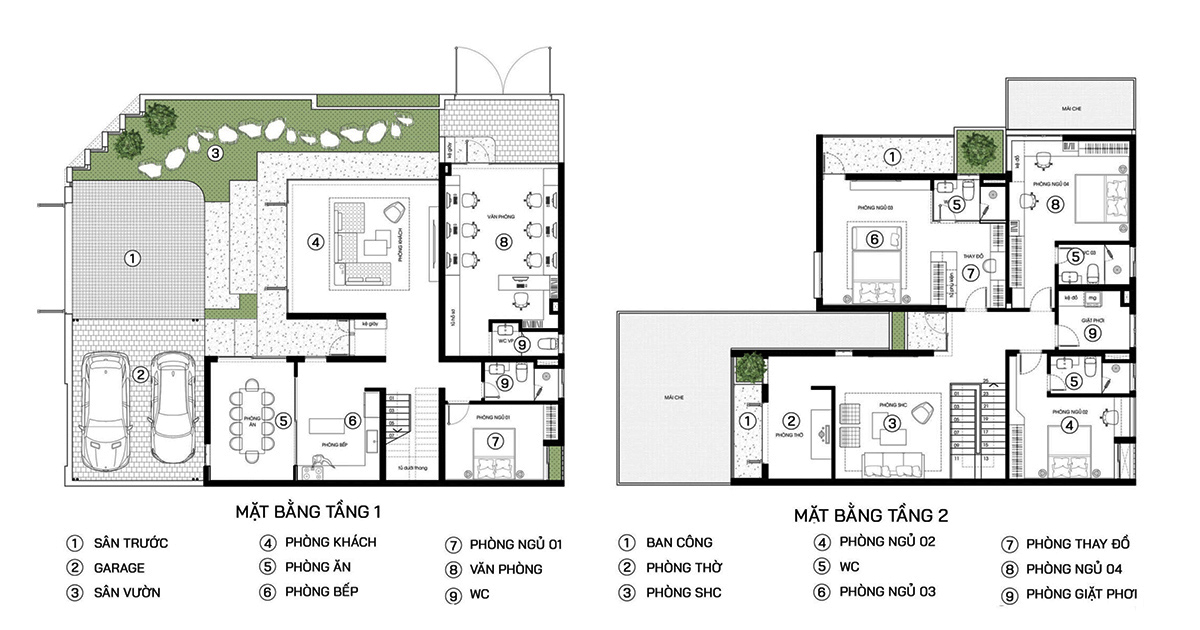 Bản vẽ biệt thự 2 tầng c&oacute; gara phong c&aacute;ch hiện đại