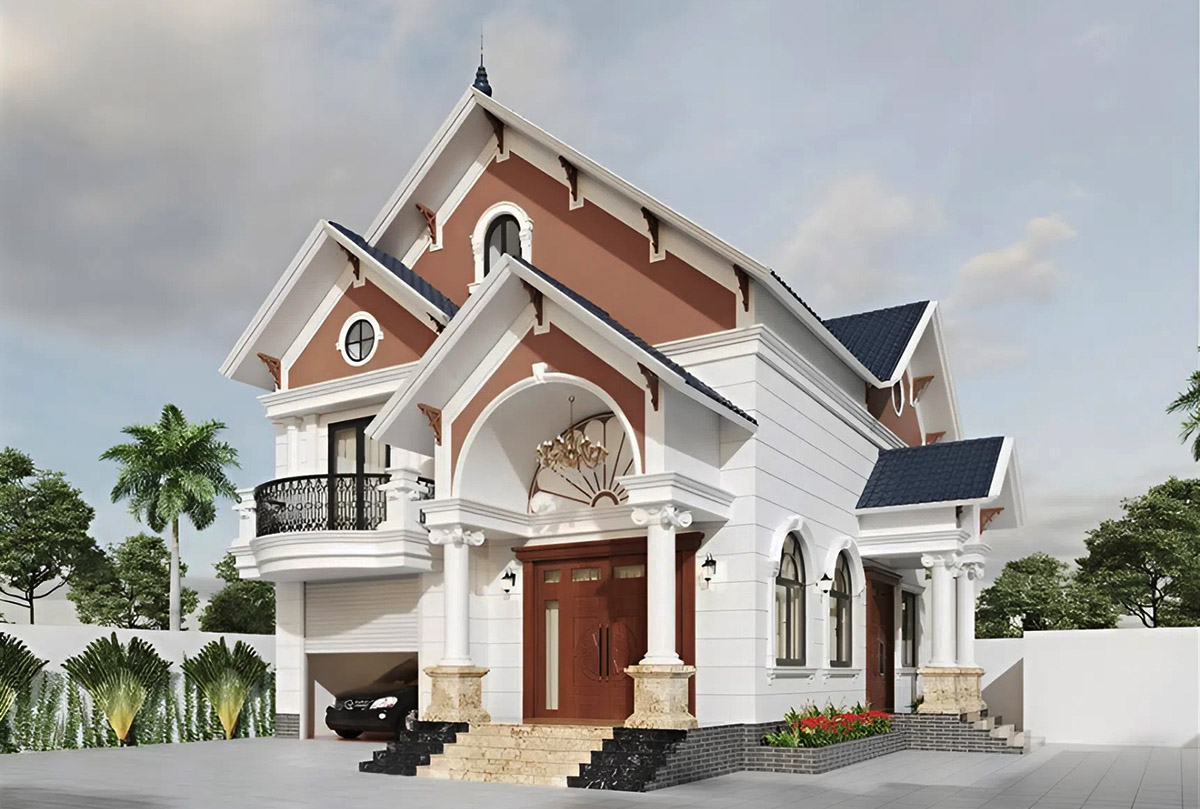 Mẫu biệt thự 2 tầng c&oacute; gara m&aacute;i Th&aacute;i đẹp v&agrave; sang trọng