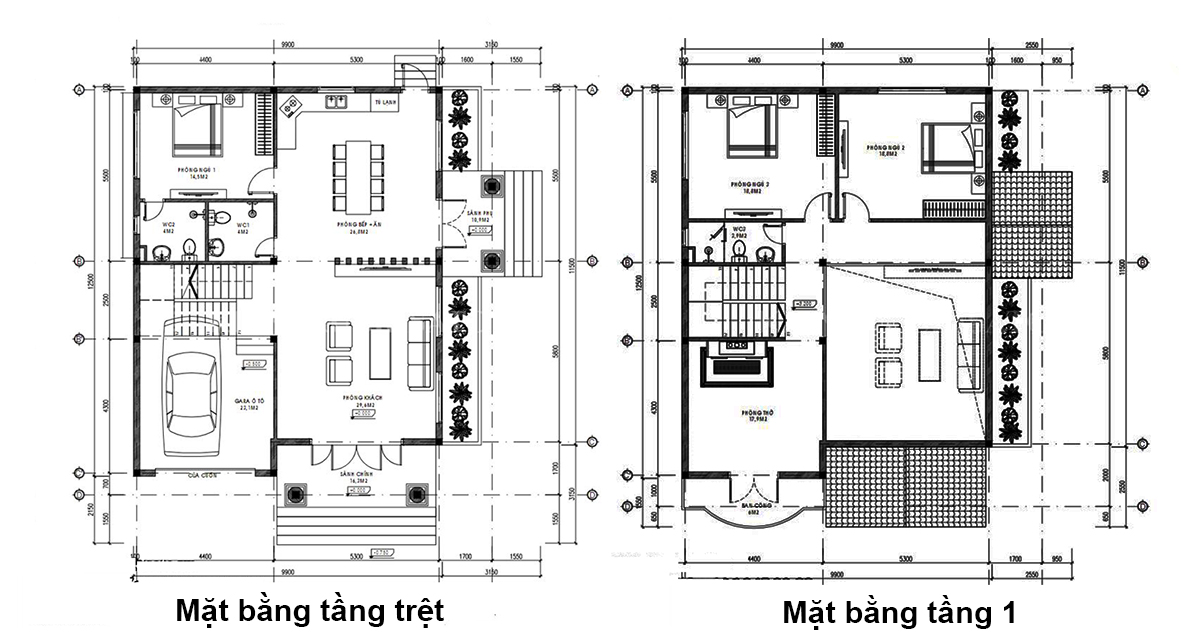 Bản vẽ biệt thự 2 tầng c&oacute; gara m&aacute;i Th&aacute;i đẹp
