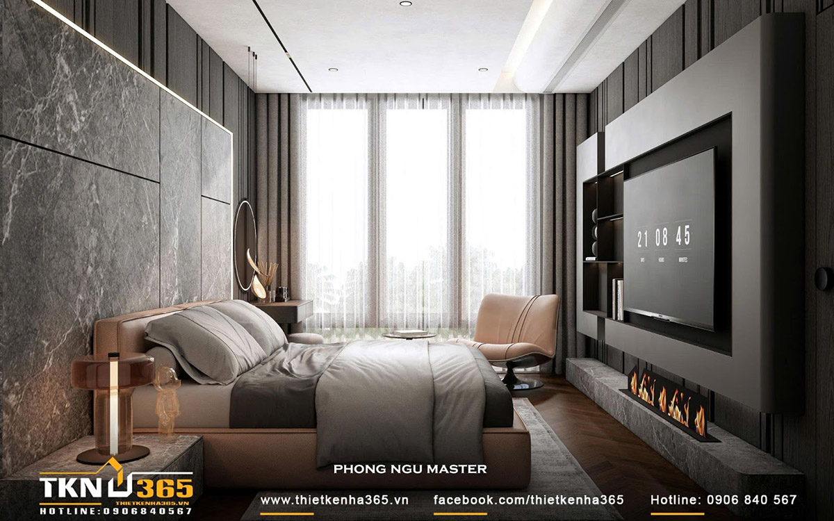 Phòng ngủ master thiết kế hiện đại, bố trí hệ rèm hai lớp để điều chỉnh ánh sáng tự nhiên Phòng ngủ master thiết kế hiện đại, bố trí hệ rèm hai lớp để điều chỉnh ánh sáng tự nhiên