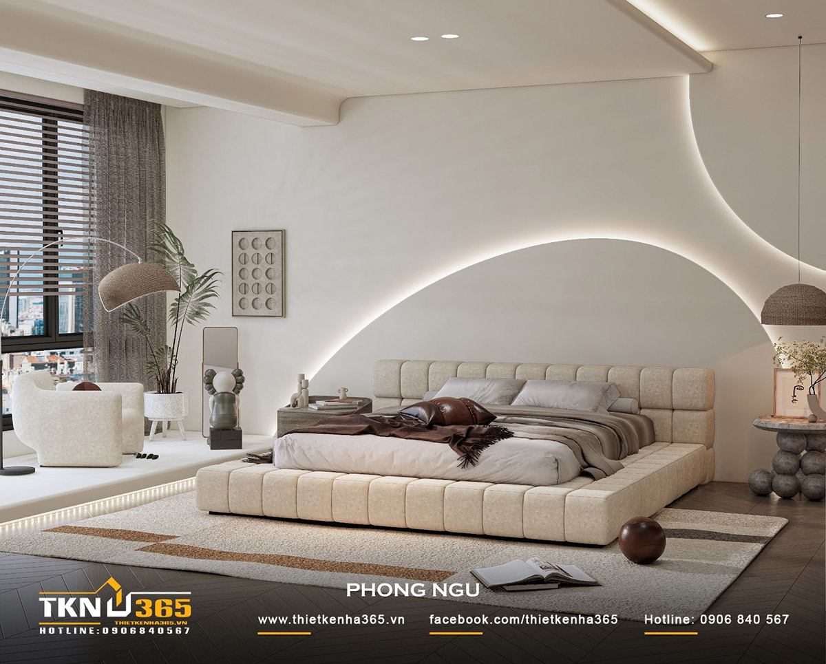 Phòng ngủ phụ có sự chênh lệch về độ cao sàn để phân chia khu vực giường ngủ và không gian thư giãn bên cạnh cửa sổ Phòng ngủ phụ có sự chênh lệch về độ cao sàn để phân chia khu vực giường ngủ và không gian thư giãn bên cạnh cửa sổ