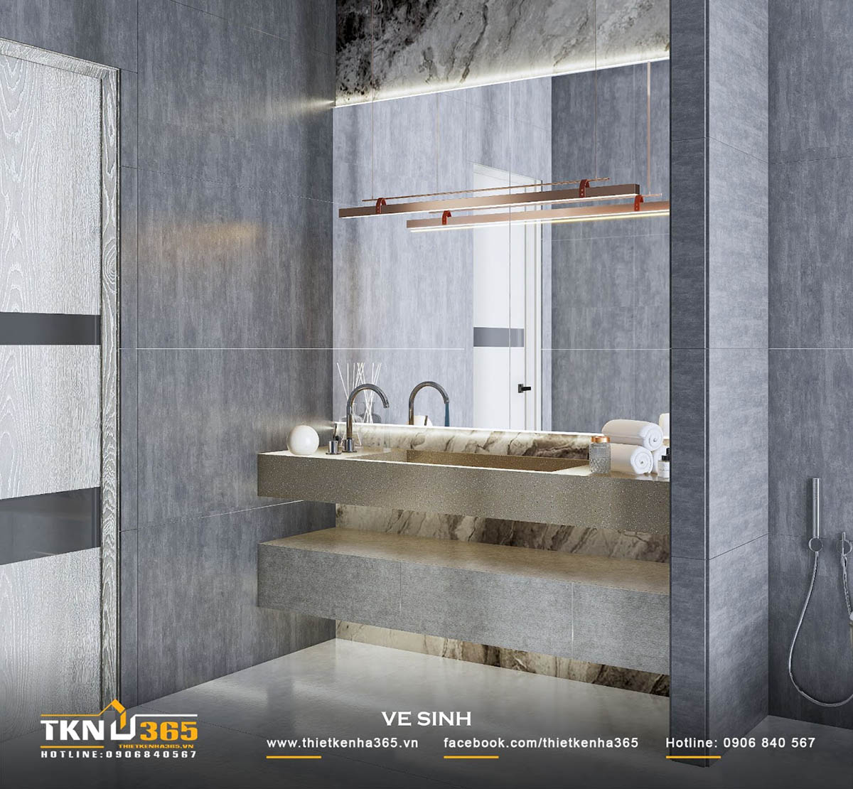 Toàn bộ bề mặt nhà vệ sinh đều ốp đá màu xám sạch sẽ, giúp gia chủ dễ dàng lau chùi khi cần thiết Toàn bộ bề mặt nhà vệ sinh đều ốp đá màu xám sạch sẽ, giúp gia chủ dễ dàng lau chùi khi cần thiết