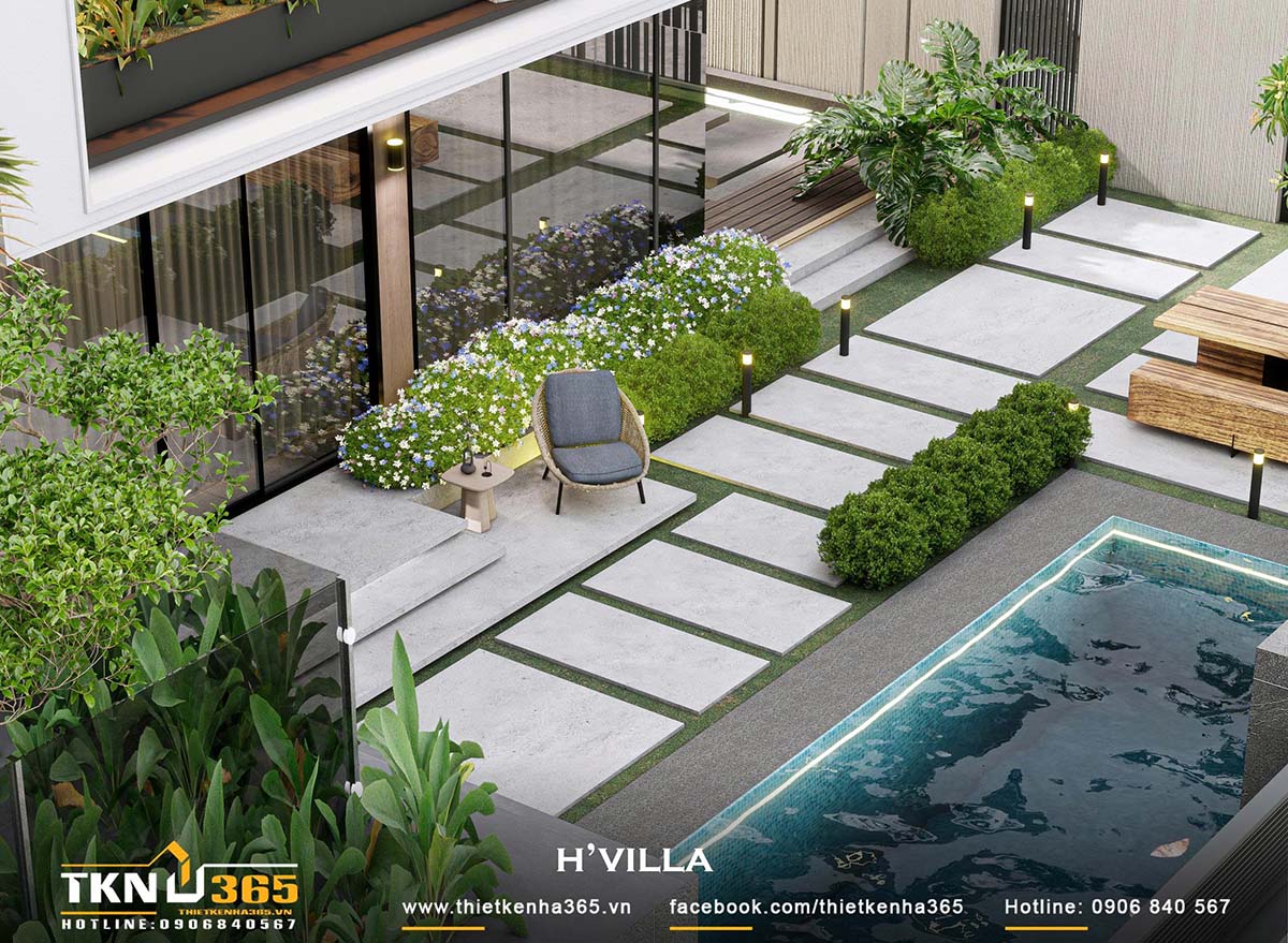 Hồ bơi là điểm nhấn ấn tượng trong thiết kế sân vườn H’S VILLA Hồ bơi là điểm nhấn ấn tượng trong thiết kế sân vườn H’S VILLA