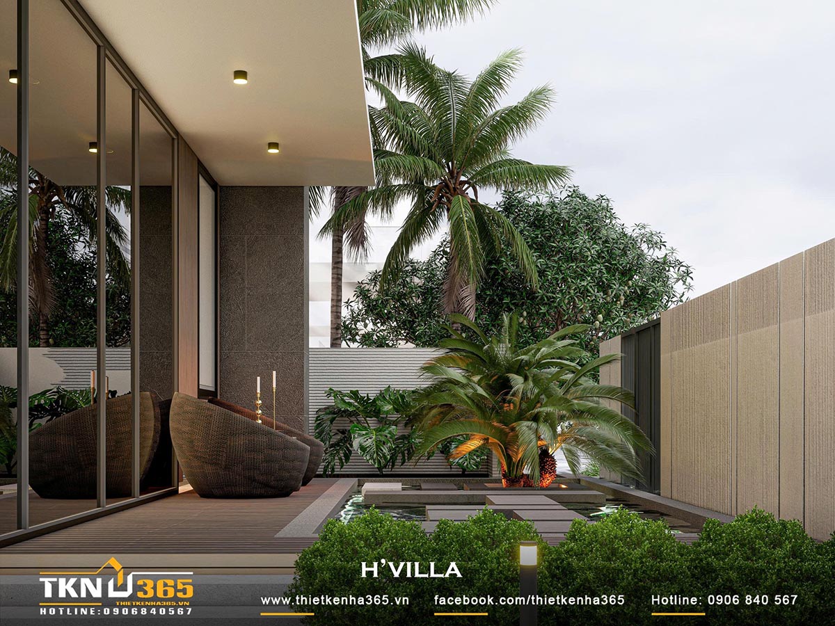 Bên cạnh hồ bơi, biệt thự phố 2 tầng H’S VILLA còn xây dựng thêm tiểu cảnh hồ nước trong sân vườn Bên cạnh hồ bơi, biệt thự phố 2 tầng H’S VILLA còn xây dựng thêm tiểu cảnh hồ nước trong sân vườn