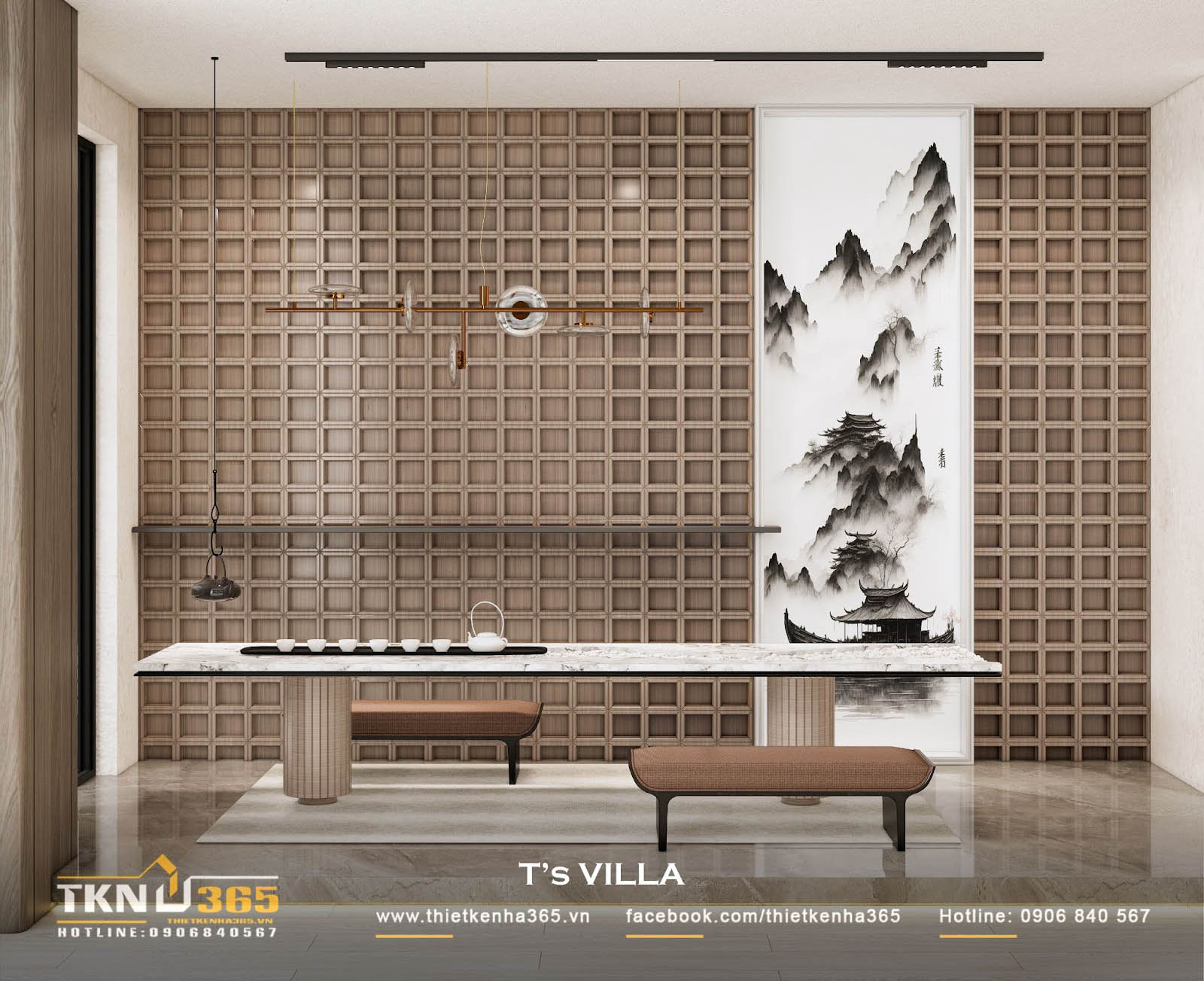 Khu vực uống trà gây ấn tượng với vách ngăn gỗ và bức tranh phong cảnh đậm chất văn hóa Á Đông Khu vực uống trà gây ấn tượng với vách ngăn gỗ và bức tranh phong cảnh đậm chất văn hóa Á Đông