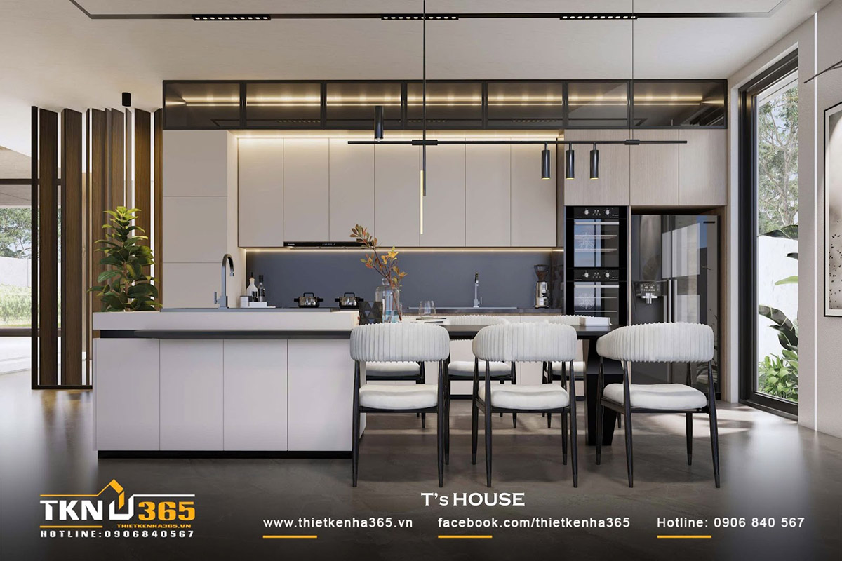 Phòng bếp biệt thự T’S VILLA sử dụng gam màu trắng chủ đạo Phòng bếp biệt thự T’S VILLA sử dụng gam màu trắng chủ đạo